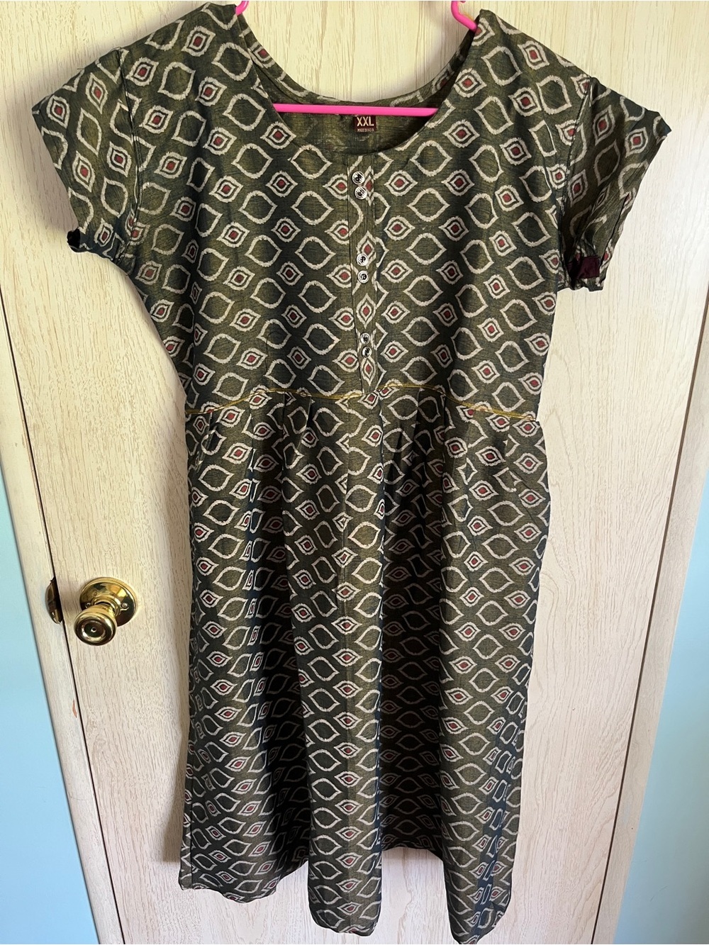 Unique Geometric Olive Green Tan Dress Made in India XXL Runs Small
